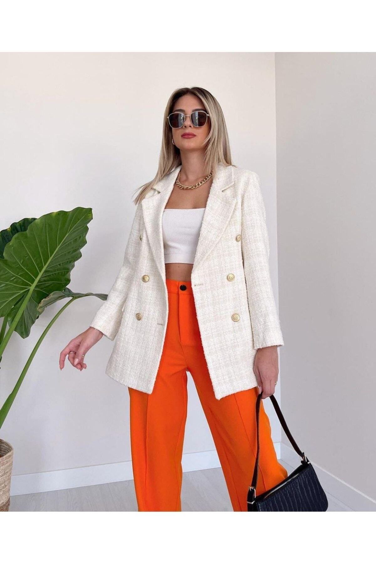 Mota Off White Tweed Jacket Trendyol