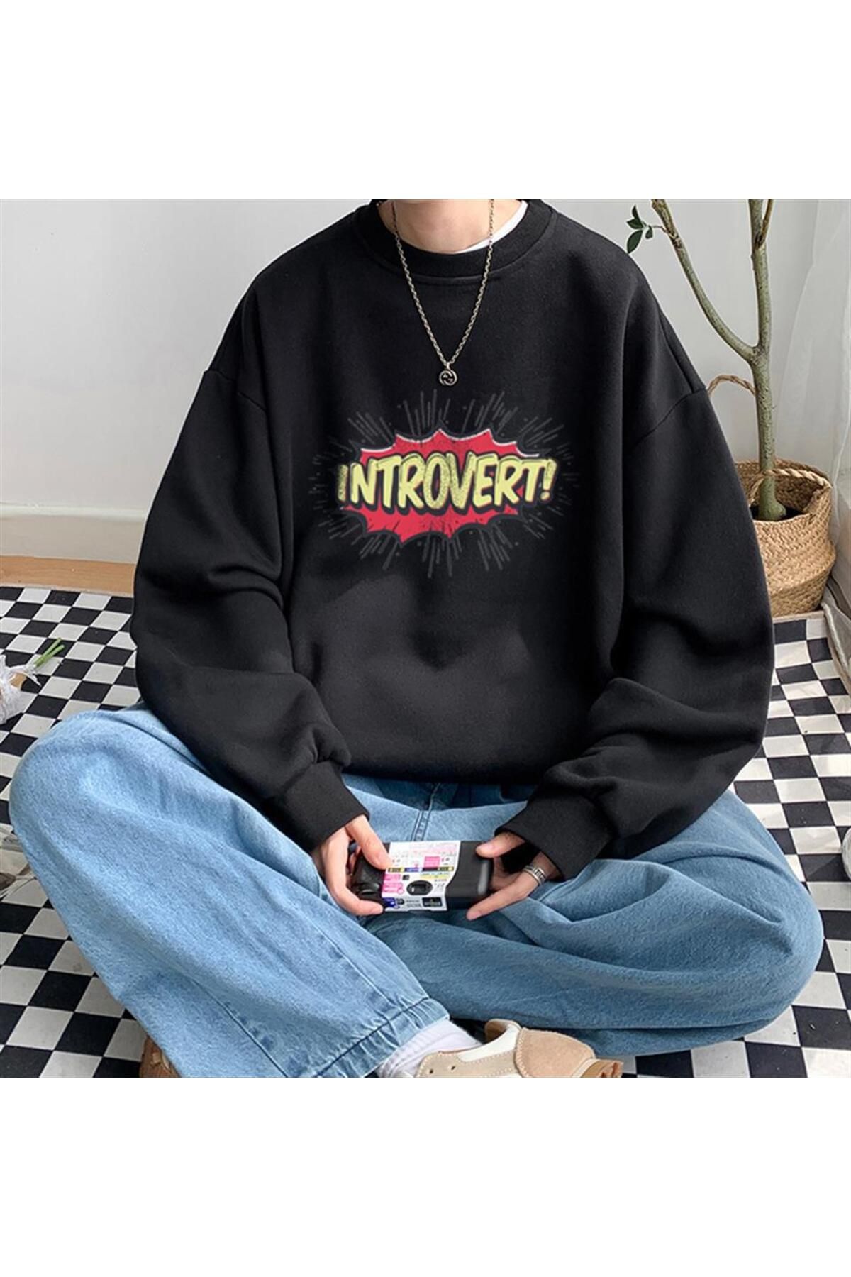 BUTICOR Introvert Printed Black Unisex Oversize Crew Neck