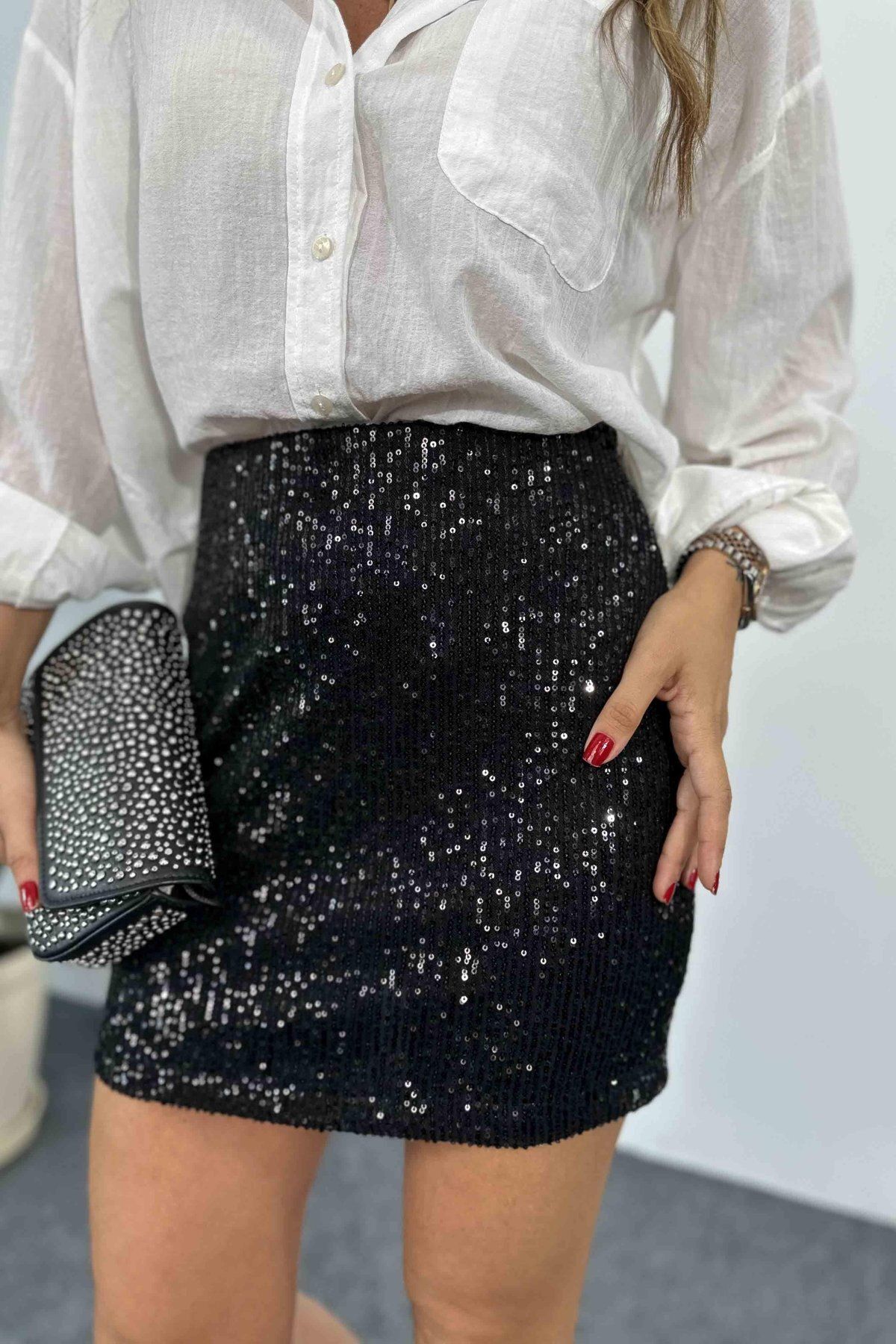 Bebe Plus Women s Elastic Waist Sequined Mini Skirt Trendyol