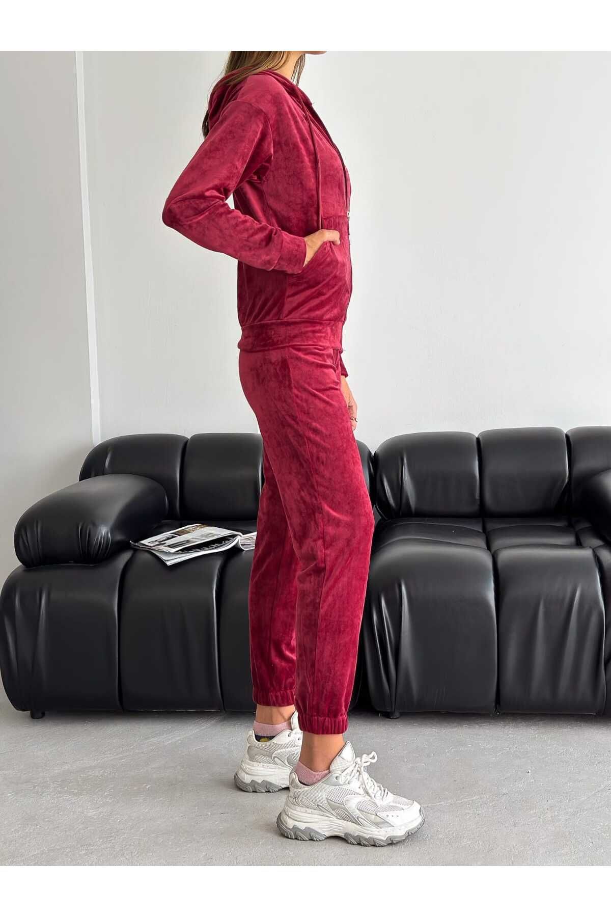 Siyah Kad n Burgundy Hooded Zippered Elastic Waist and Legs