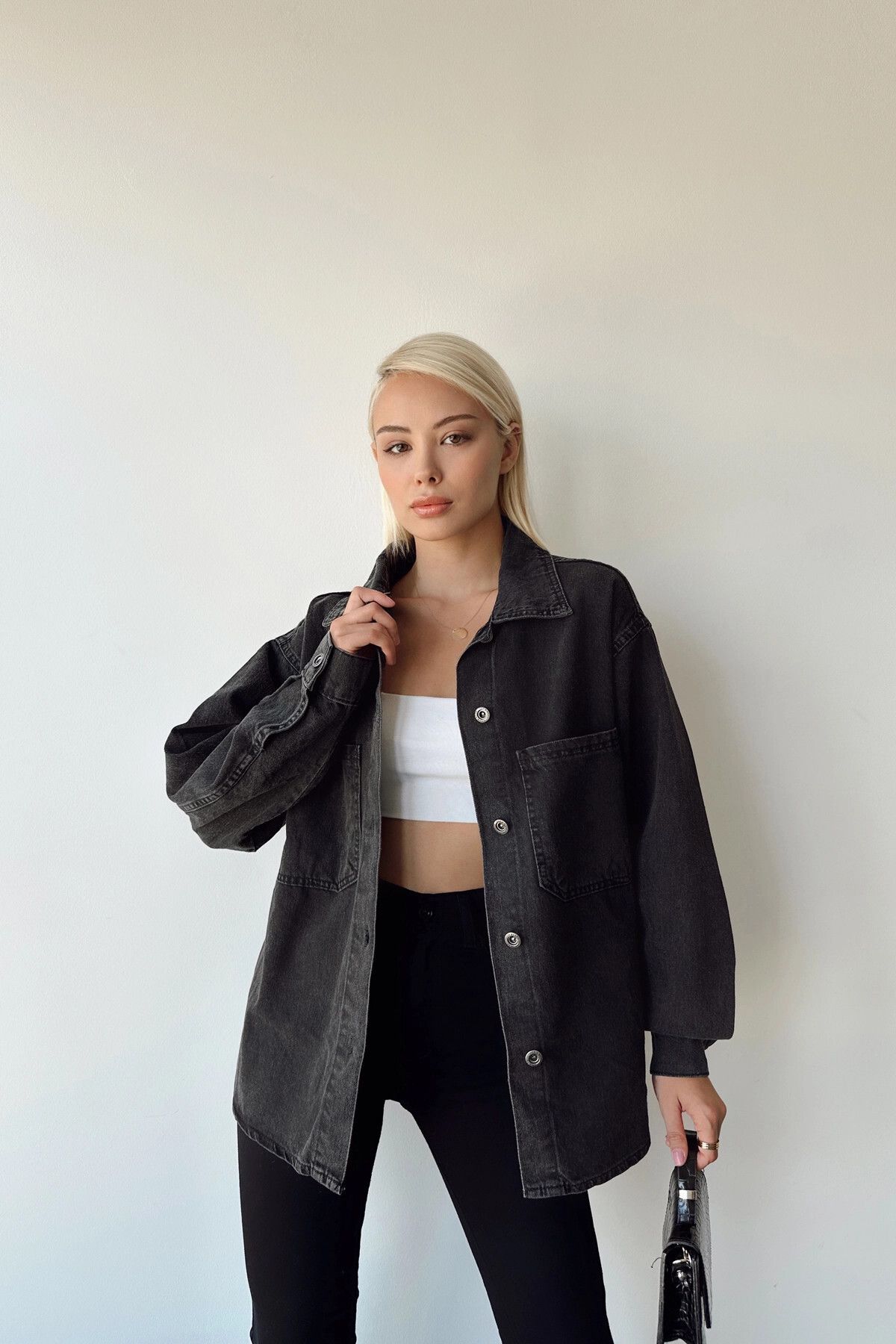 bocc Black Double Pocket Washed Denim Shirt Jacket Trendyol