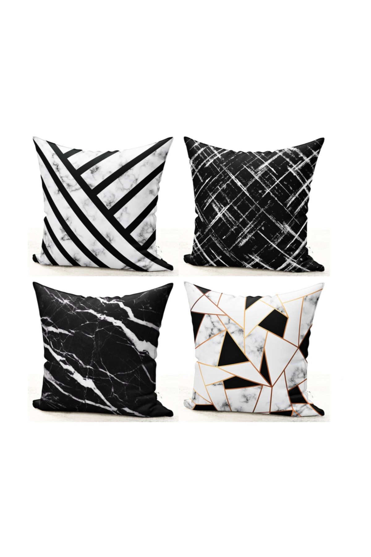 Bk Home Dekor Modern Siyah Beyaz Mermer Desen 4'lü Kırlent Kılıf Set 39