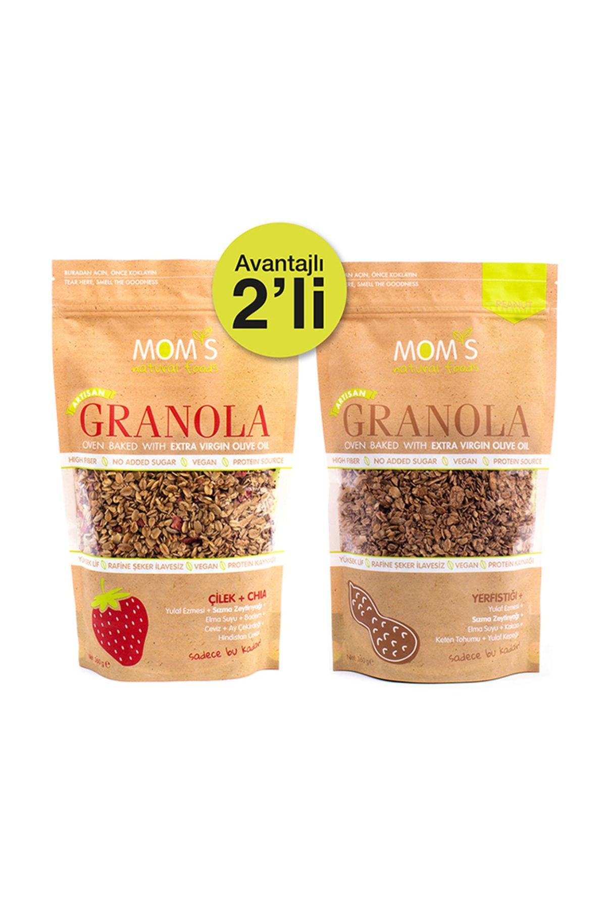 Mom's Natural Foods 2'Lİ GRANOLA - ÇİLEK CHIA 360 gr - YER FISTIĞI 360 gr