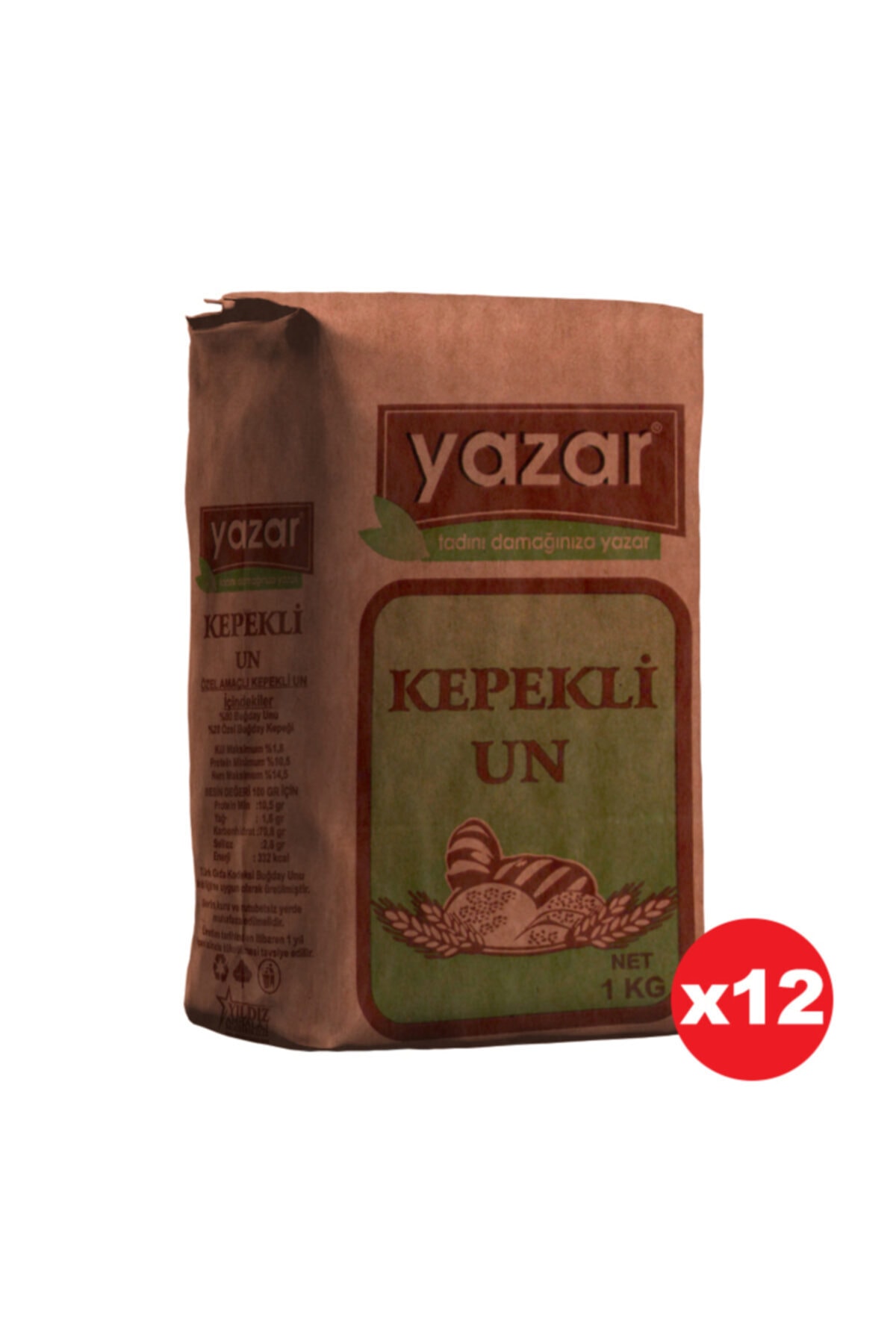 YAZAR Taş Değirmen De Öğütülmüş Kepeklı Tam Buğday Un 1 kg X 12lı Kolı