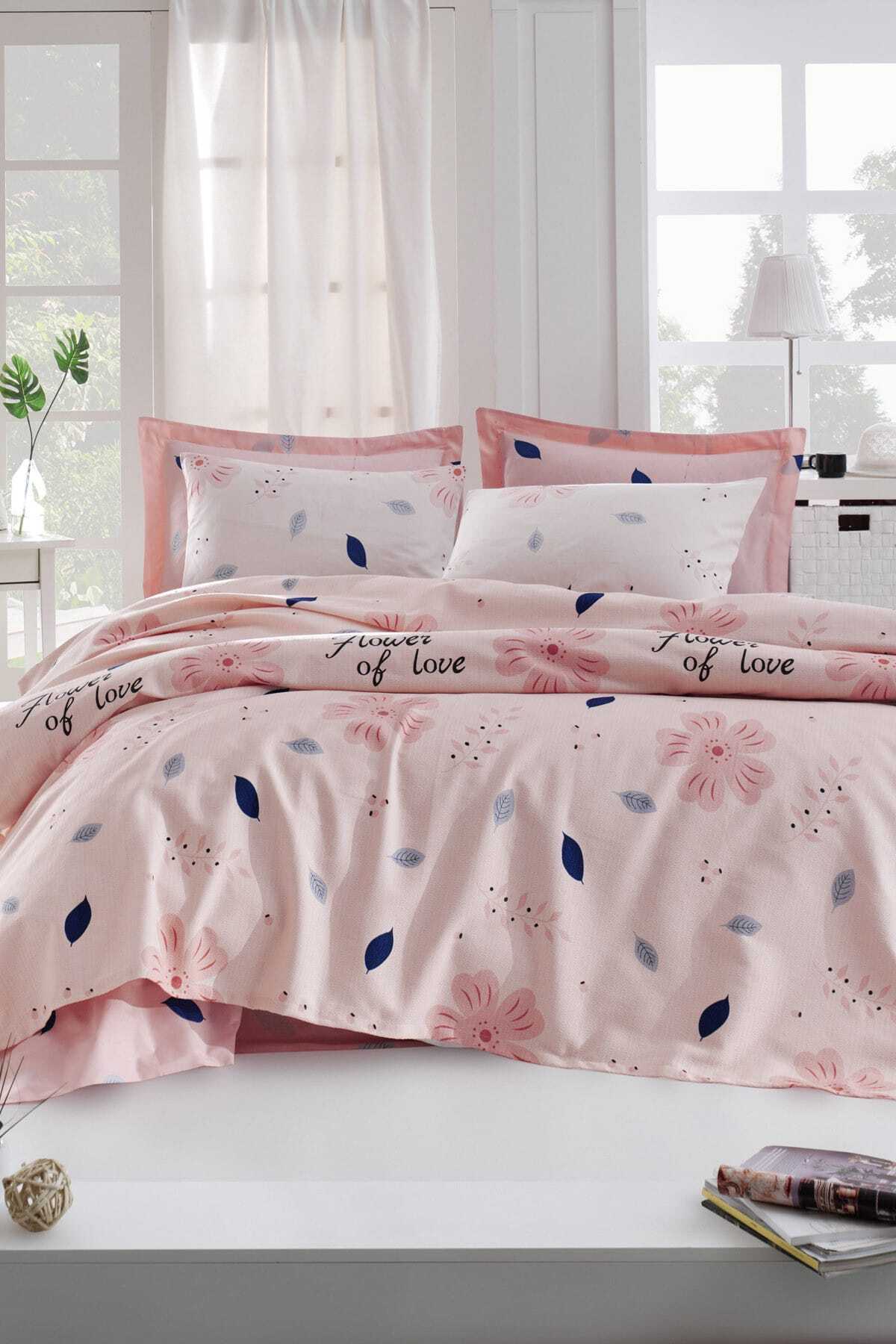 Enlora Home %100 Doğal Pamuk Tek Kişilik Pike Örtü FlowerOfLove Pudra