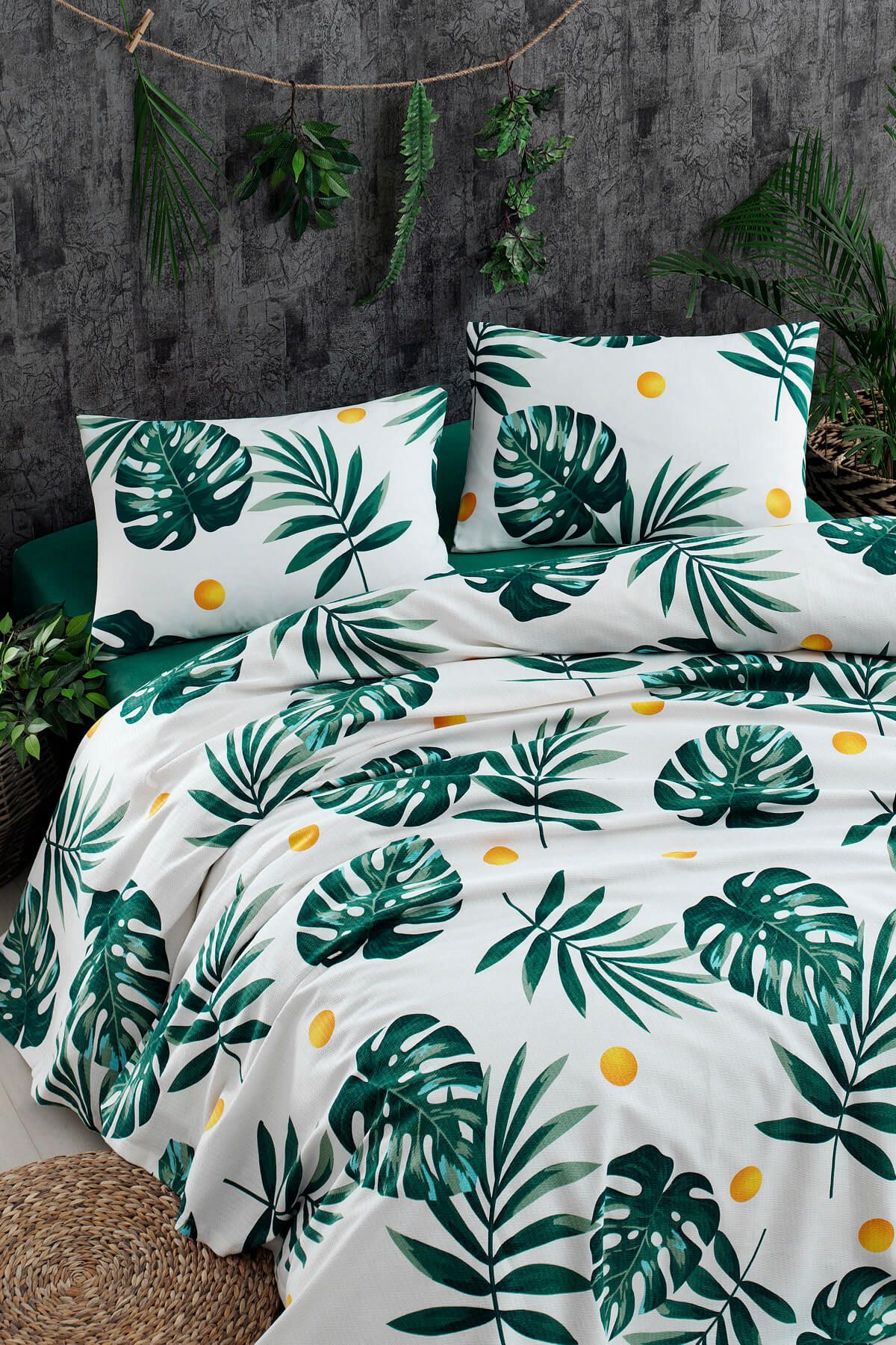 Ev & Ev Home Çift Kişilik Doğal Pike Baskılı Monstera Yeşil