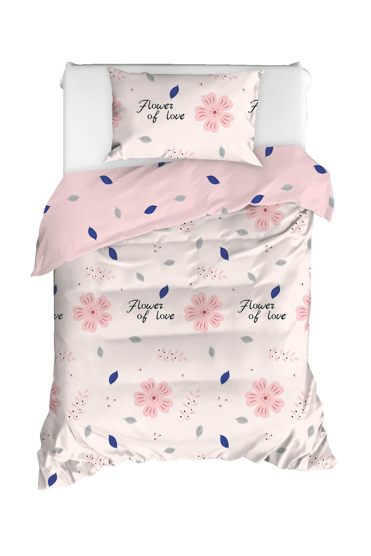 Enlora Home %100 Doğal Pamuk Tek Kişilik Nevresim Seti FlowerOfLove Pudra