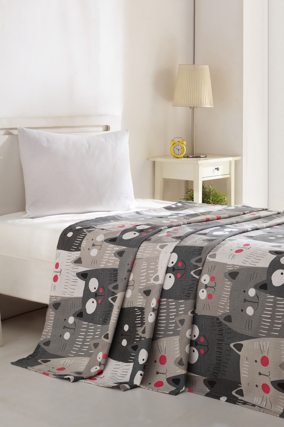 Ev & Ev Home Doğal Pike Baskılı Tek Kişilik DuvardaKediler Gri