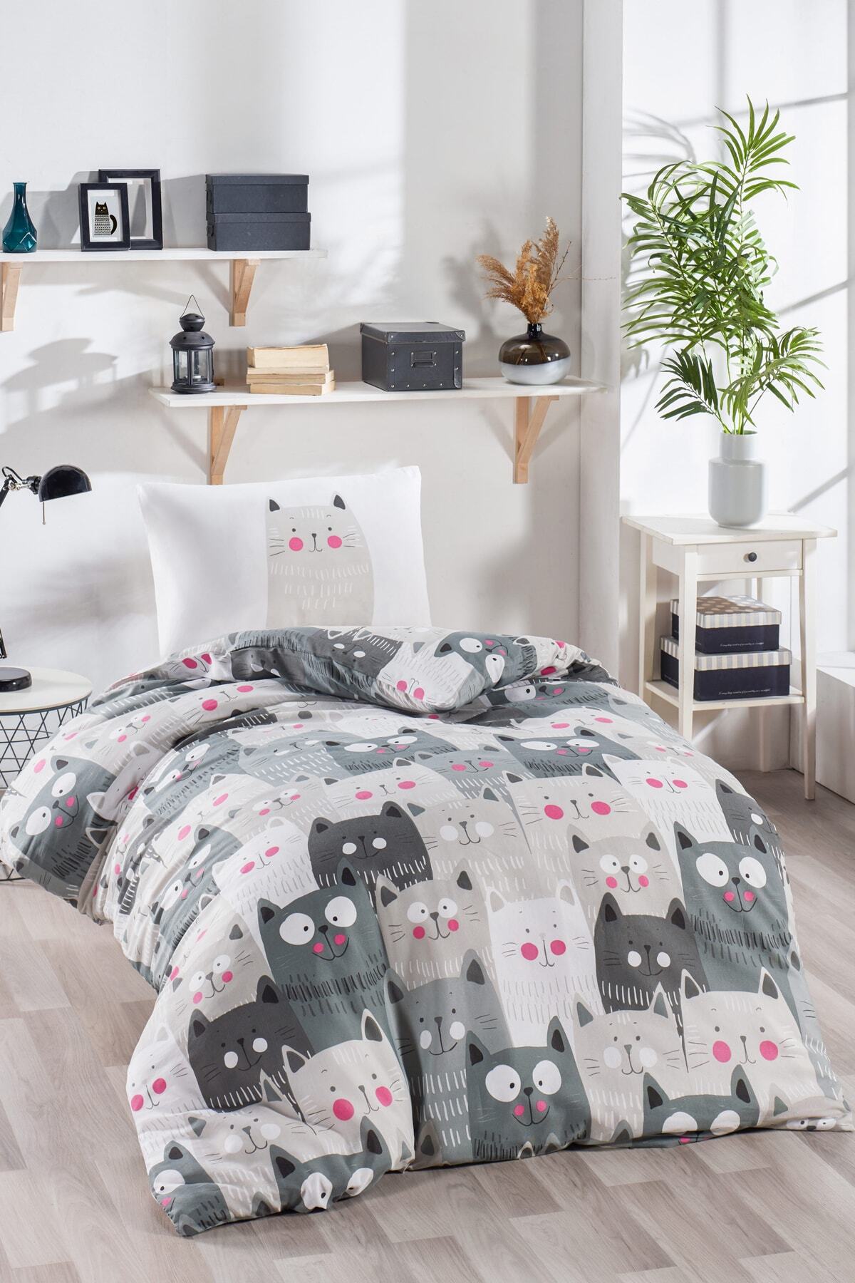 Ev & Ev Home Junior Nevresim Seti Tek Kişilik DuvardaKediler Gri
