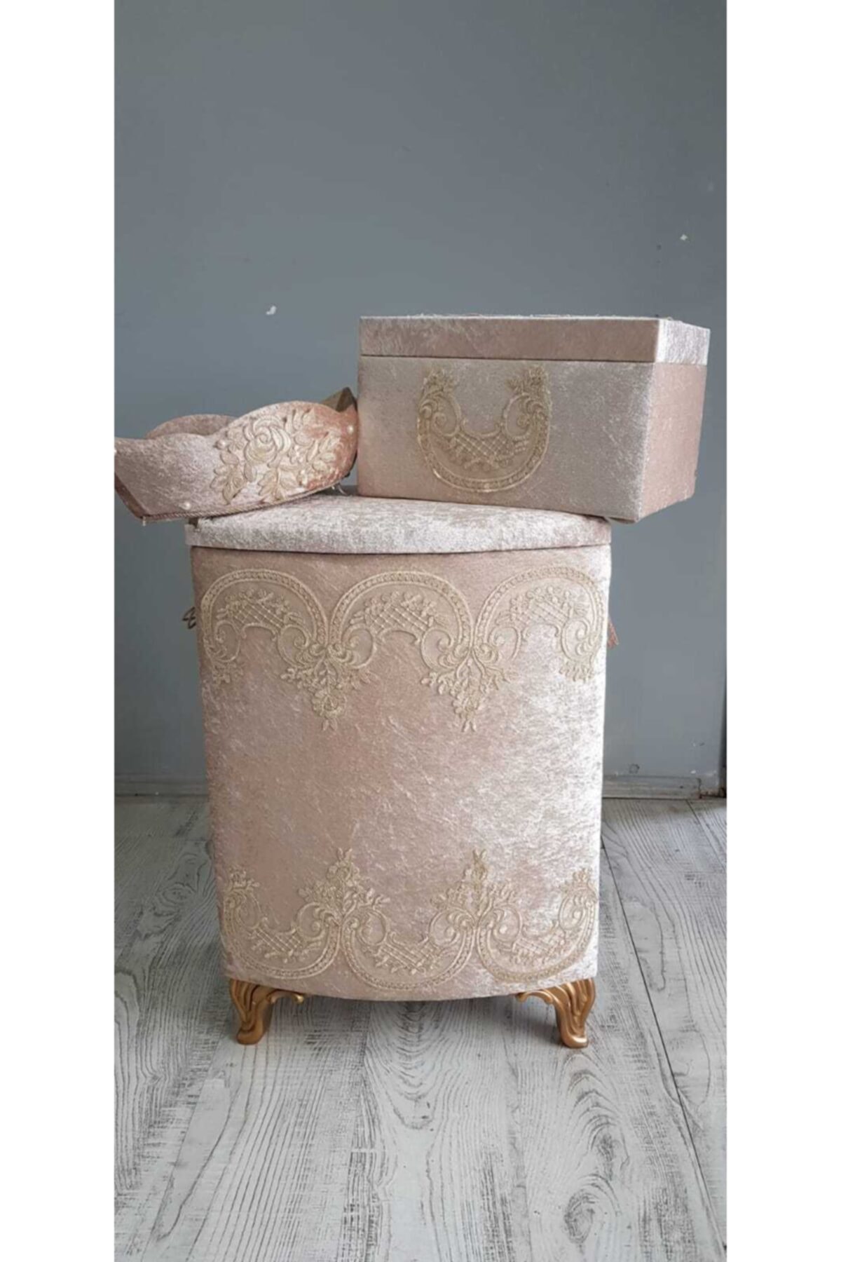 moddi home Bej Kadife Kirli Sepeti Takım