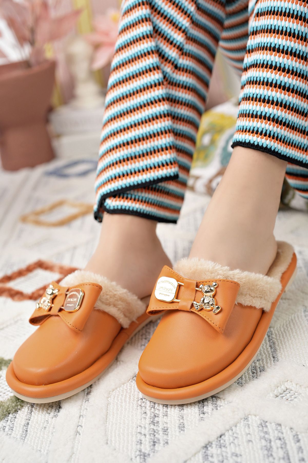 Leather discount look slippers
