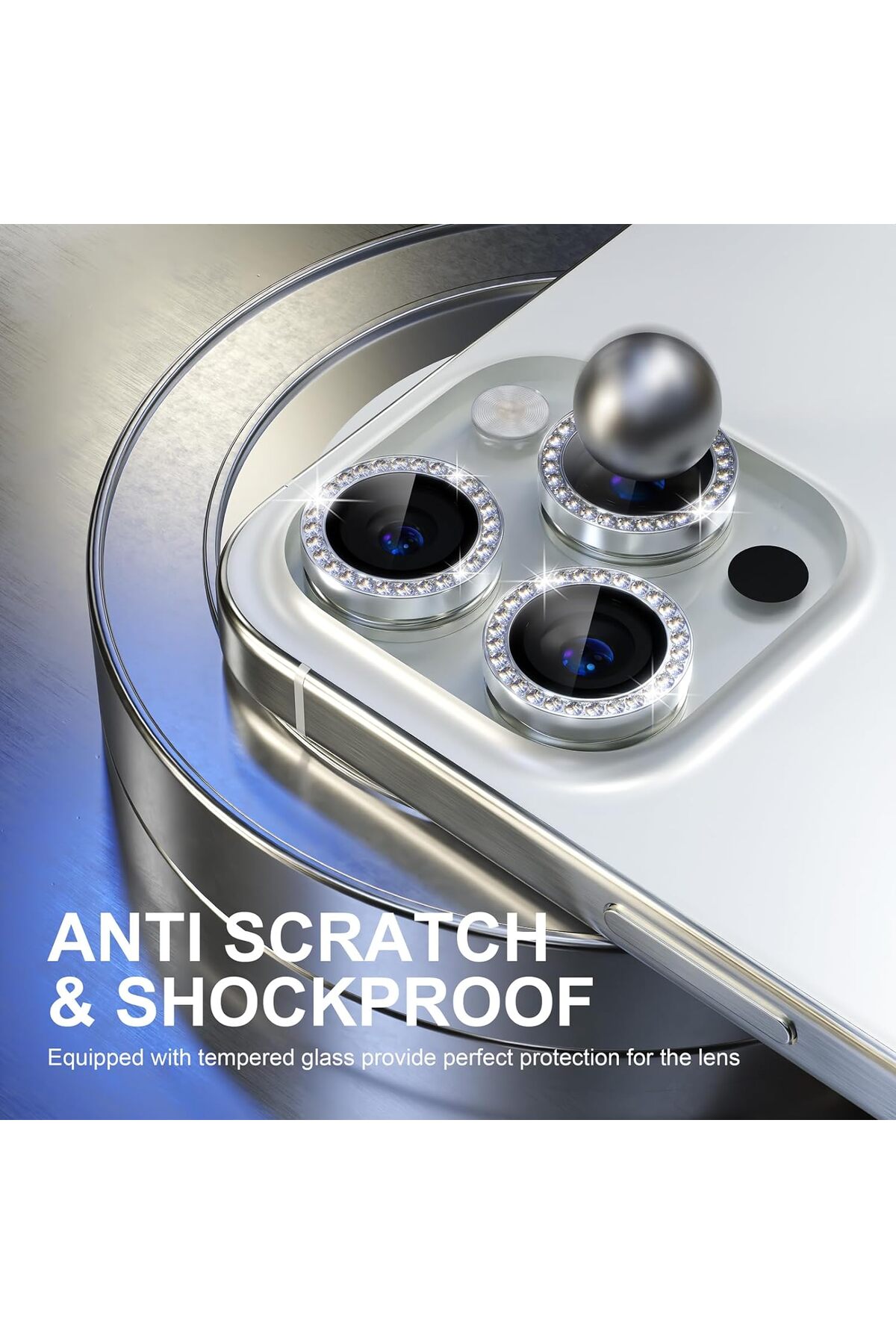 محافظ لنز دوربین آیفون 15 پرو مکس و 15 پرو سازگار با سنگ الماس با ظاهری خیره کننده نقره ای