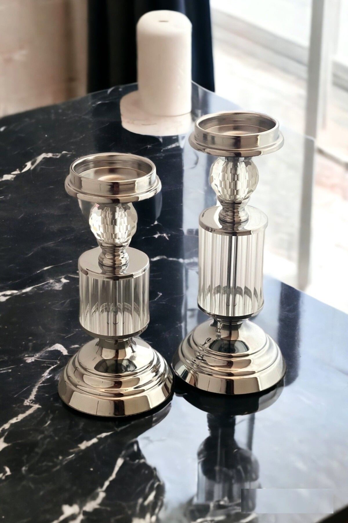 Glass and silver candle holders hotsell