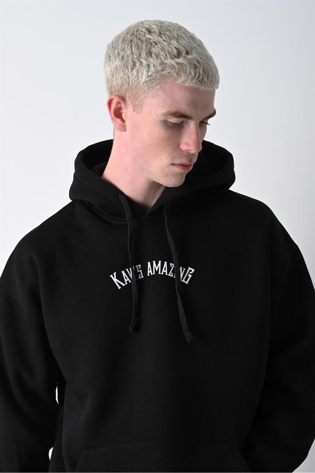Slatra Men s Black Kaws Printed Hooded Oversize Sweatshirt Trendyol