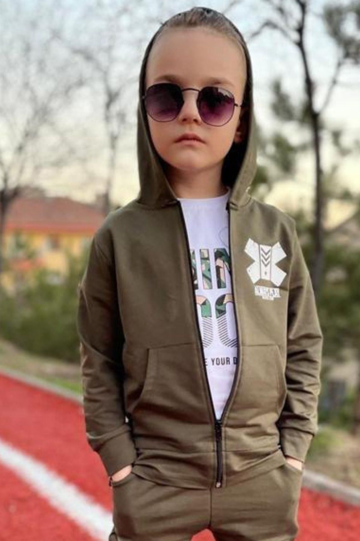 Riccotarz Boy s M n Cool Text Printed Sweater Hooded Khaki