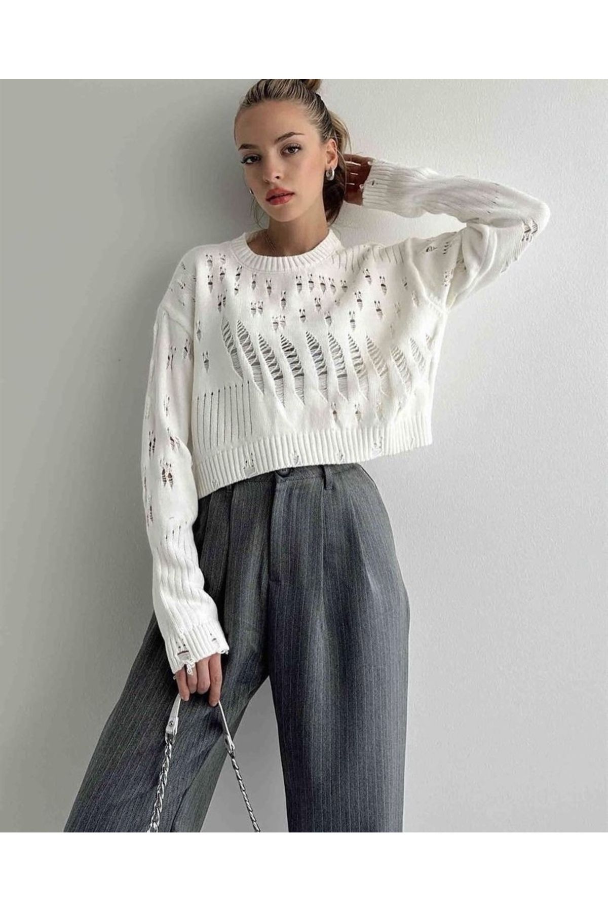 manana fashion Ripped Knitwear Knitted White Sweater Trendyol