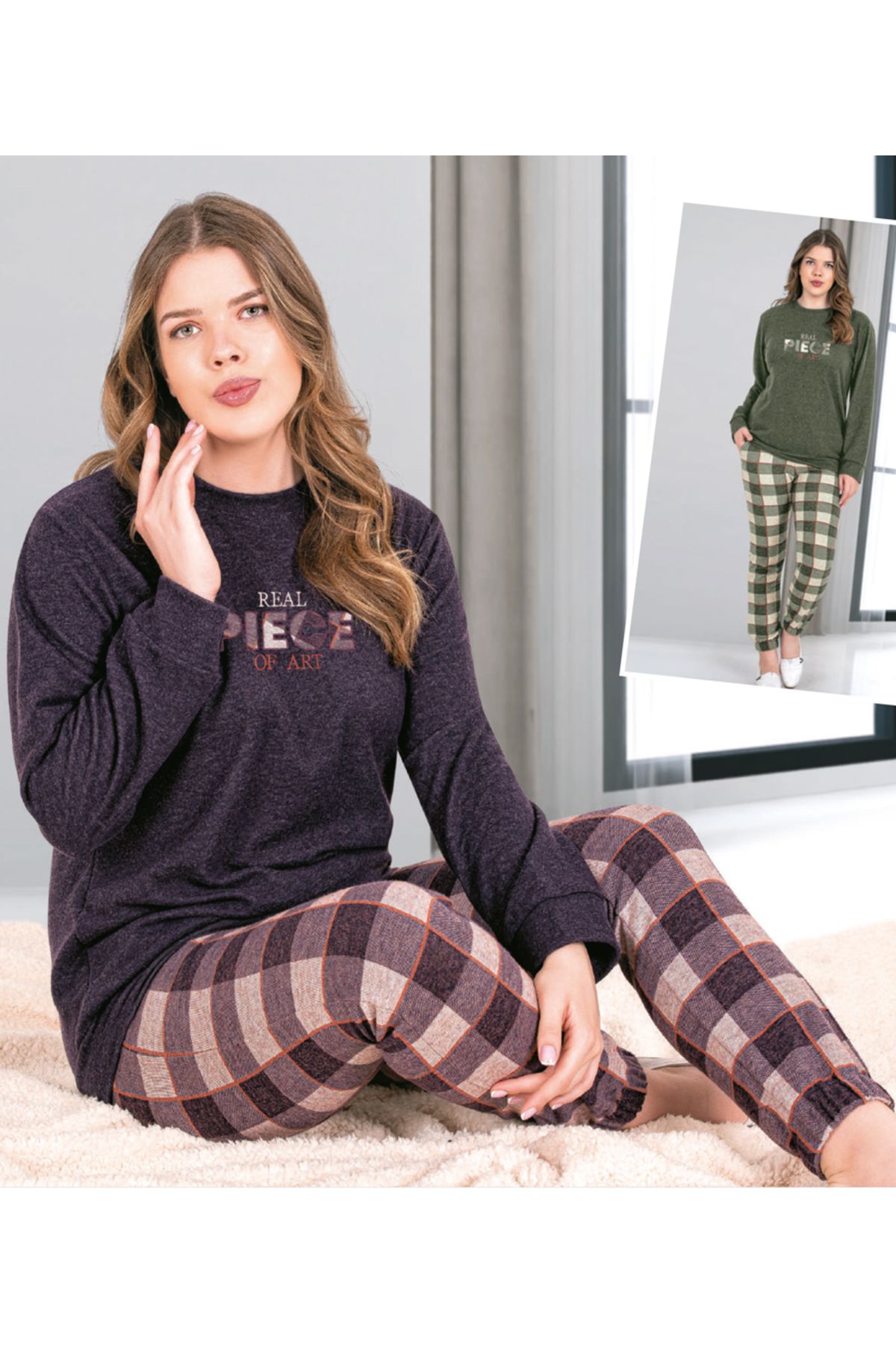 DOWRY Plus Size Pajama Set Purple Dobby Trendyol