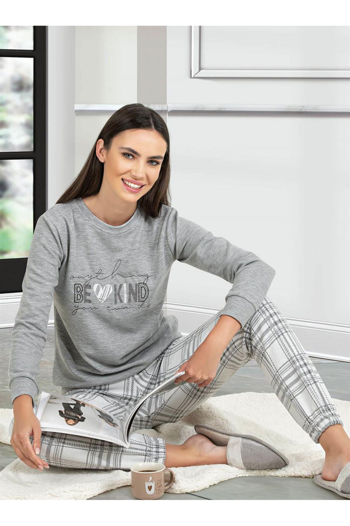DOWRY Pajama Set - Gray - Dobby - Trendyol
