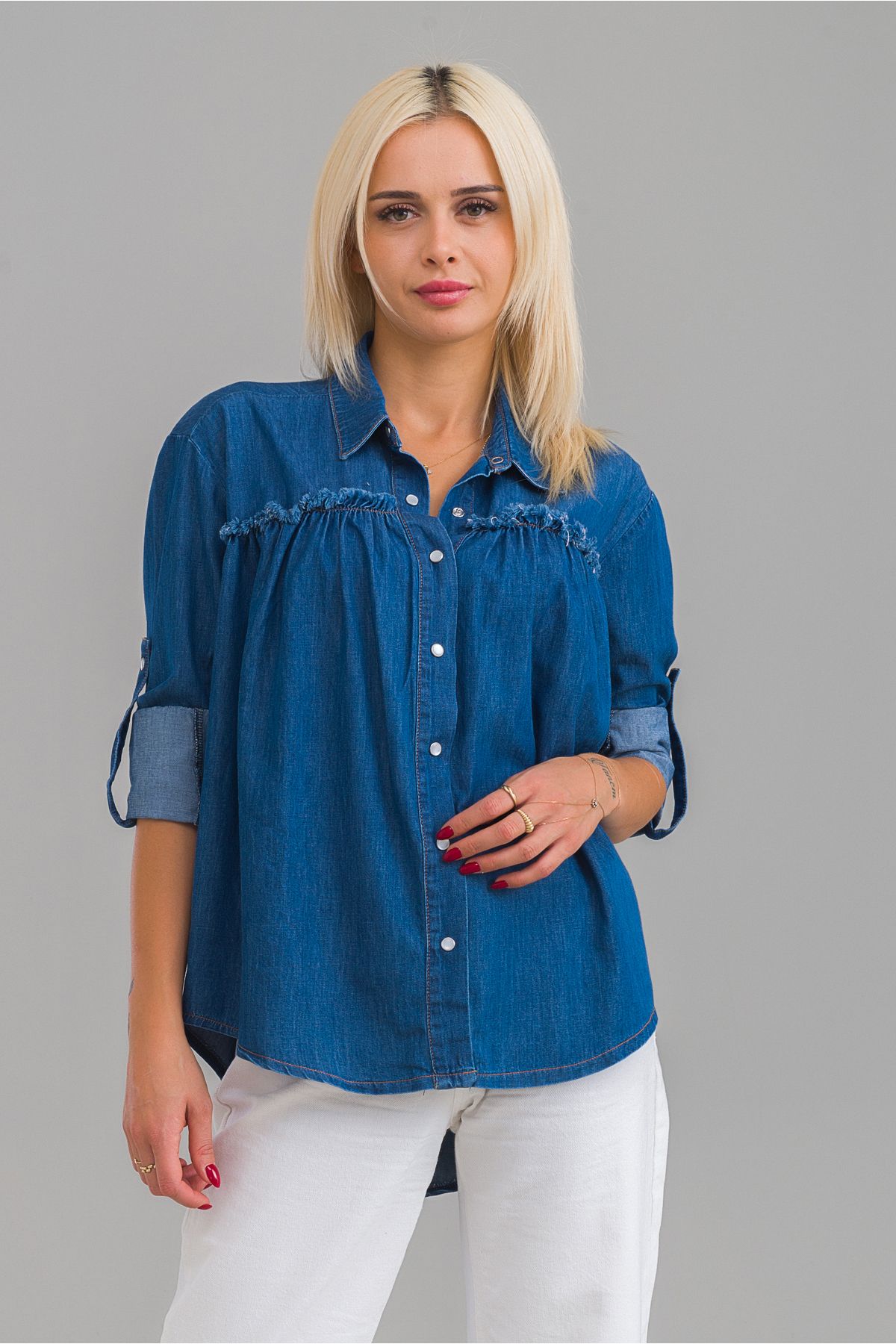 Dark blue denim shirt top womens