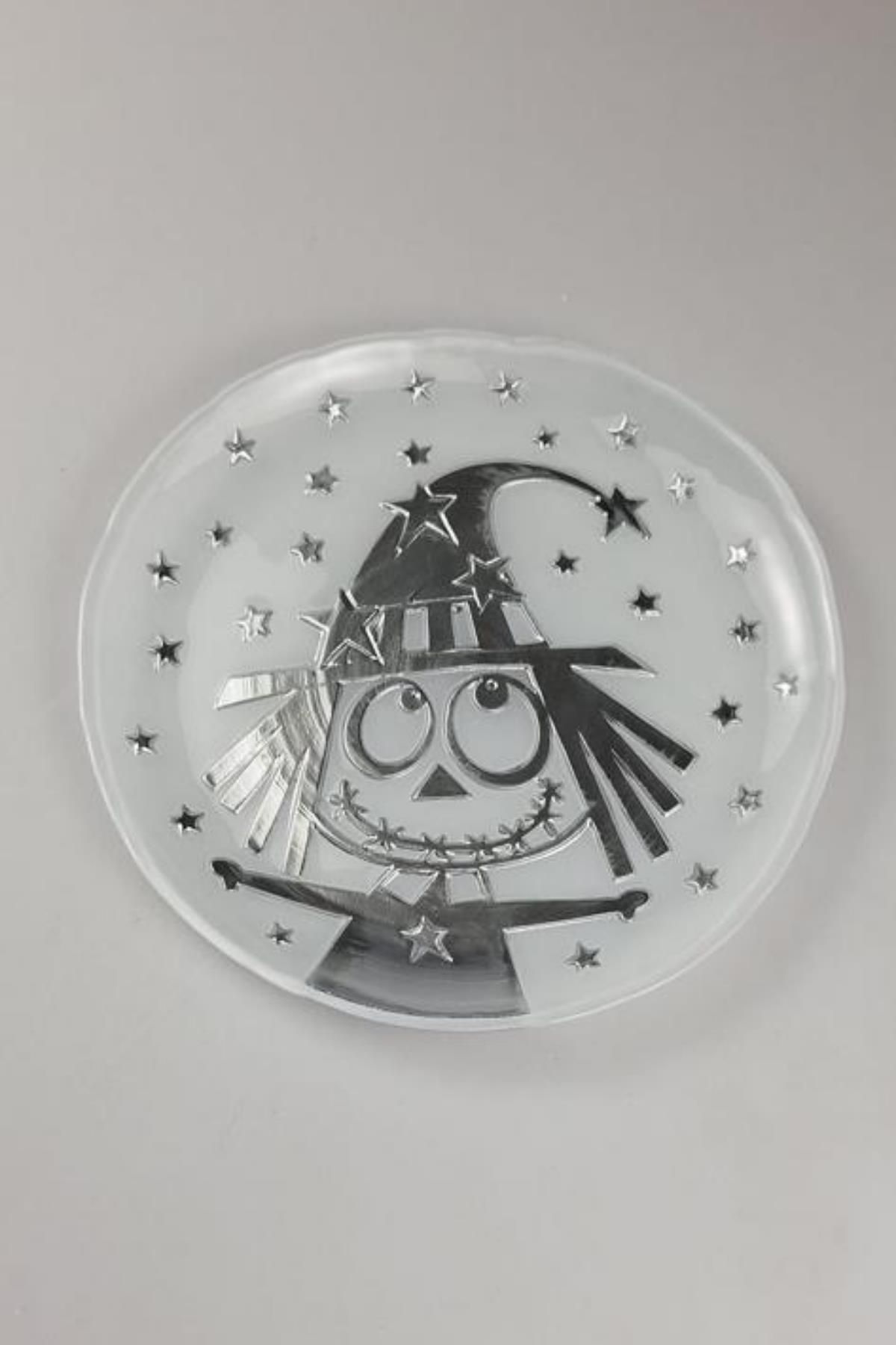 Heritage Halloween Witch Pattern White Silver Glass Serving Plate