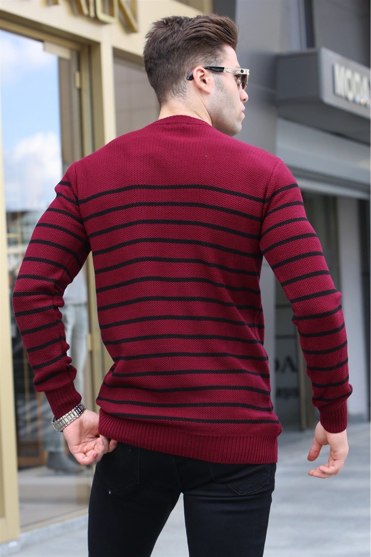 Red striped shop sweater mens