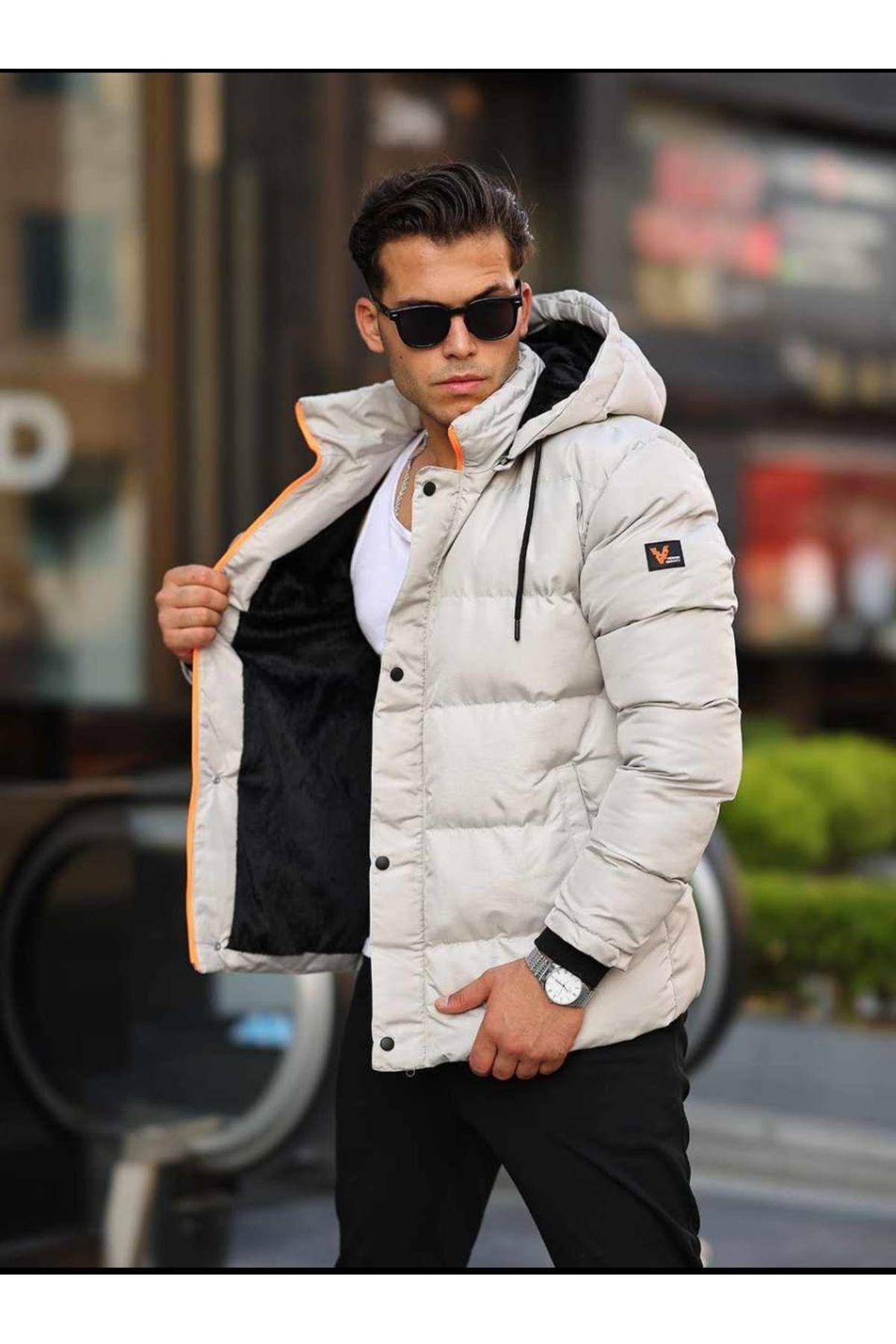 MASTIFF Hooded Sleeves Cuffed Puffer Coat with Faux Fur Inside