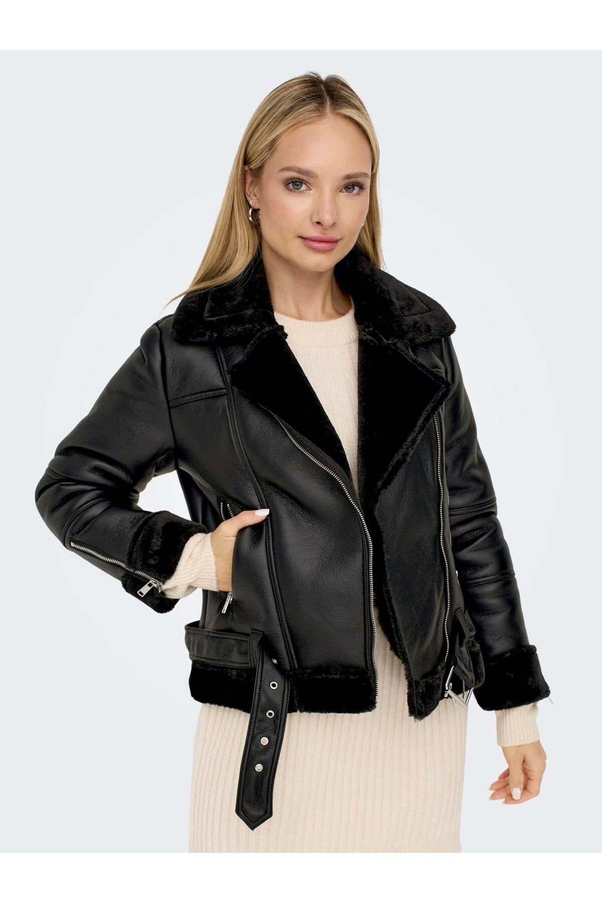 Only faux outlet leather shearling jacket