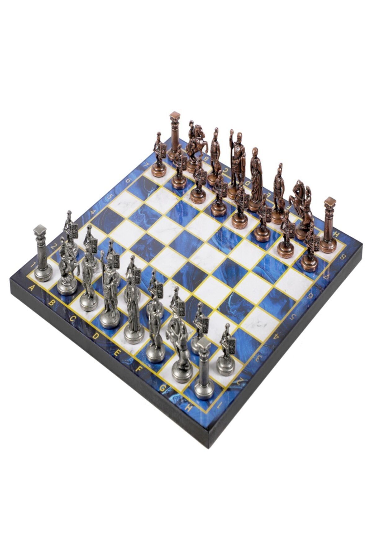 CİMCİME OYUNCAK Kl-rbzn4 Lüks Metal Satranç Takımı Krom Kaplama Roma Ordusu Bronz Set & Gök Mavi Mermer Desenli