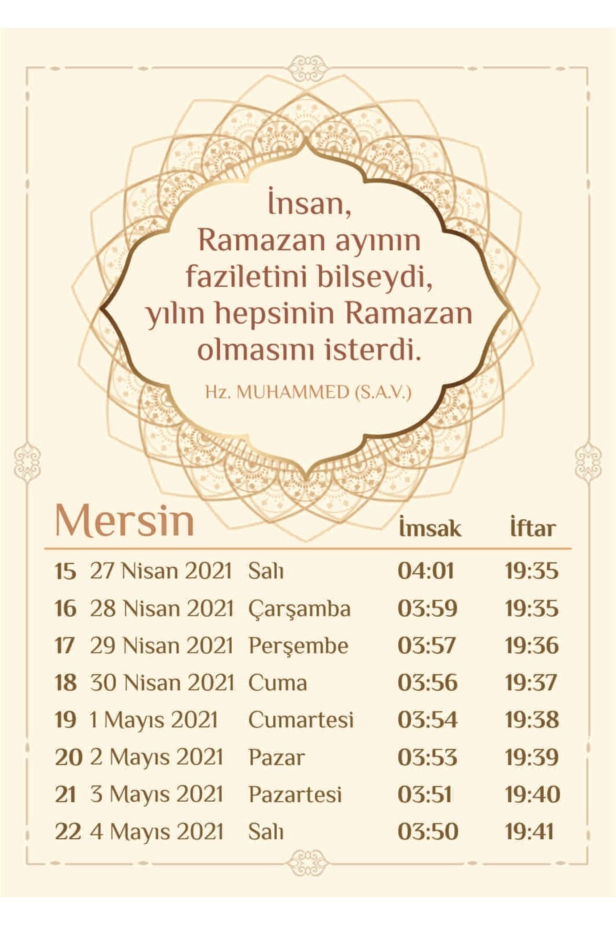 Yaprak Hediyelik Mersin Için 2021 Ramazan Imsakiyesi