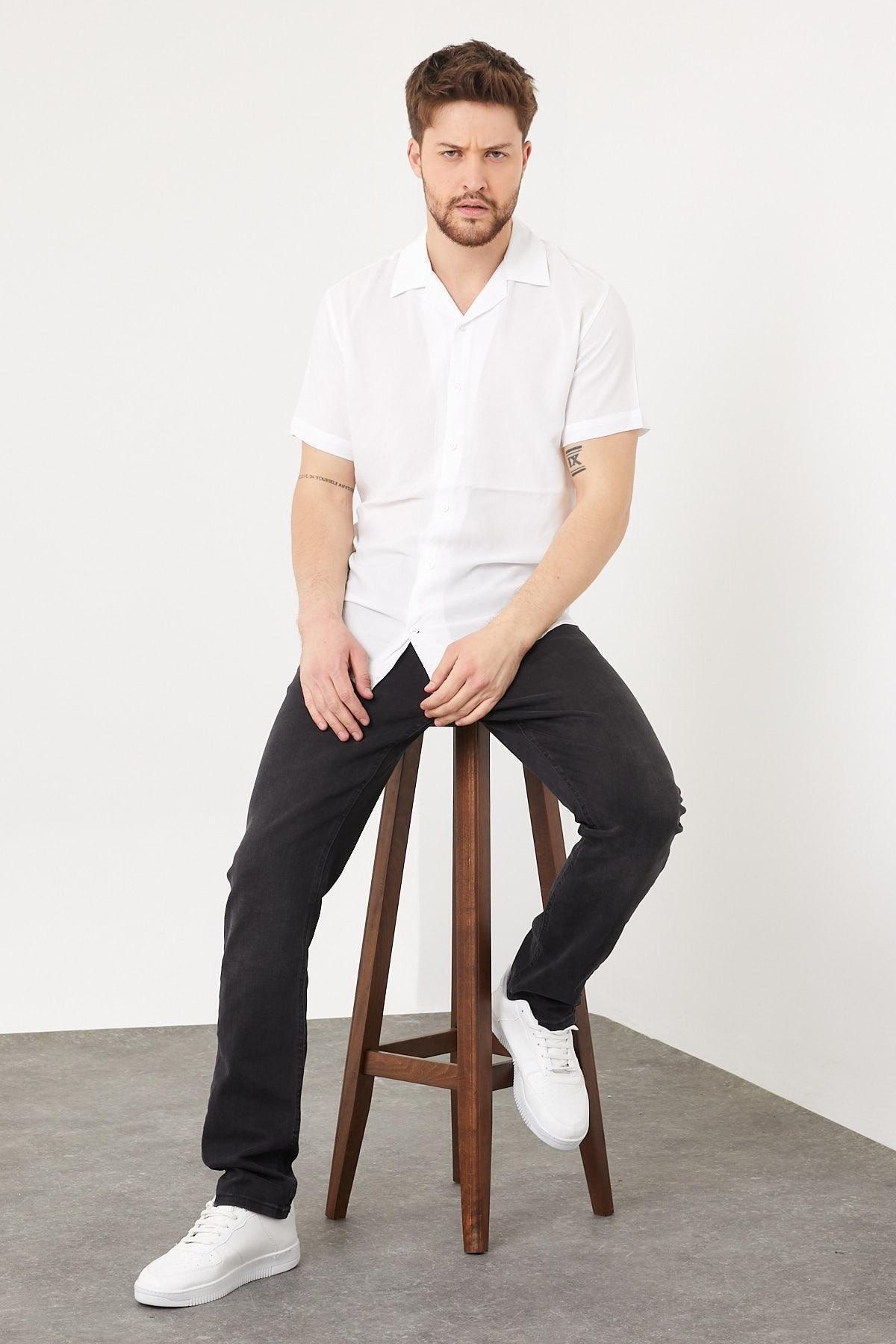 Enuygunenmoda Men s Slim Fit Linen Open Collar Short Sleeve Shirt