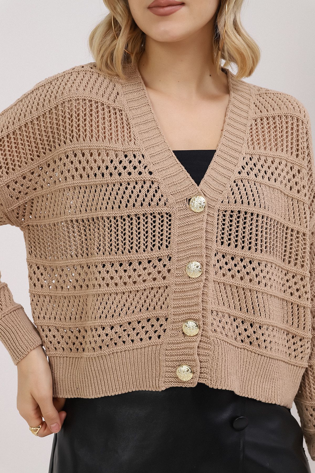 VEGENZE Women s Dark Beige Summer Hollowed Buttoned Cardigan