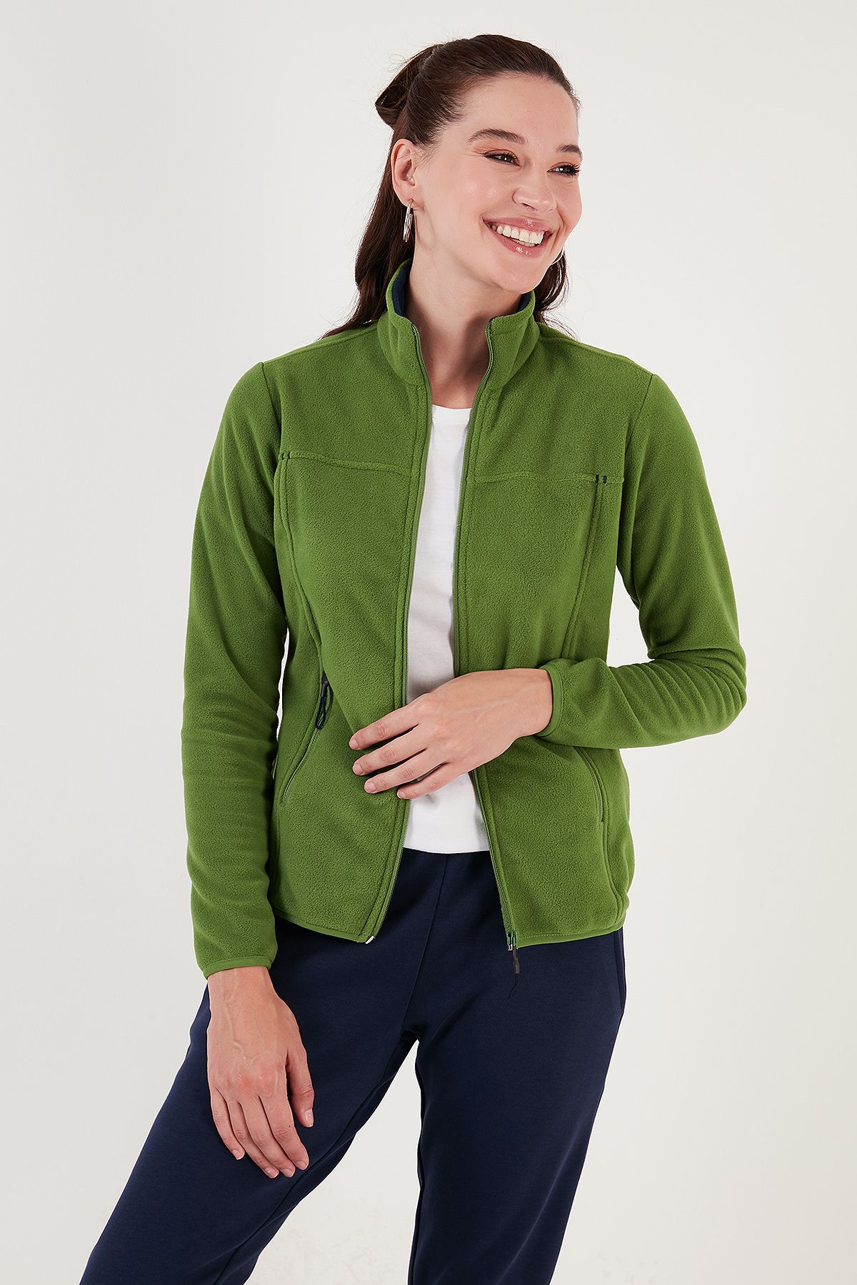 Lela High Collar Zippered Pocket Fleece Cardigan POLAR 5907002