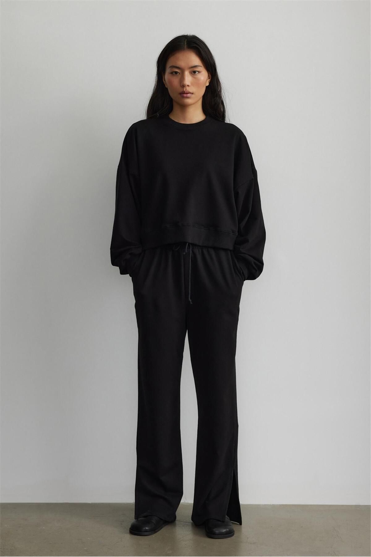 Suud Collection Black Wide Leg Slit Sweatpants Trendyol