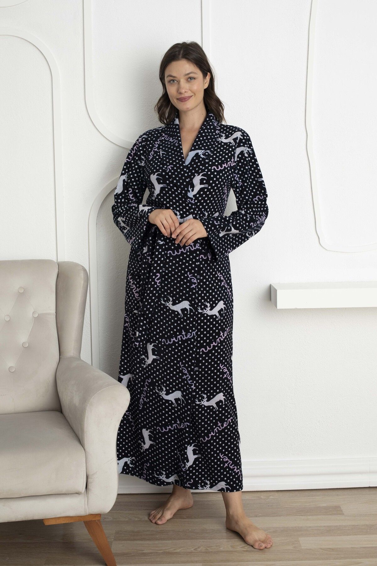 BLACKMORE Women s Polka Dot Thick Cotton Belted Long Dressing Gown
