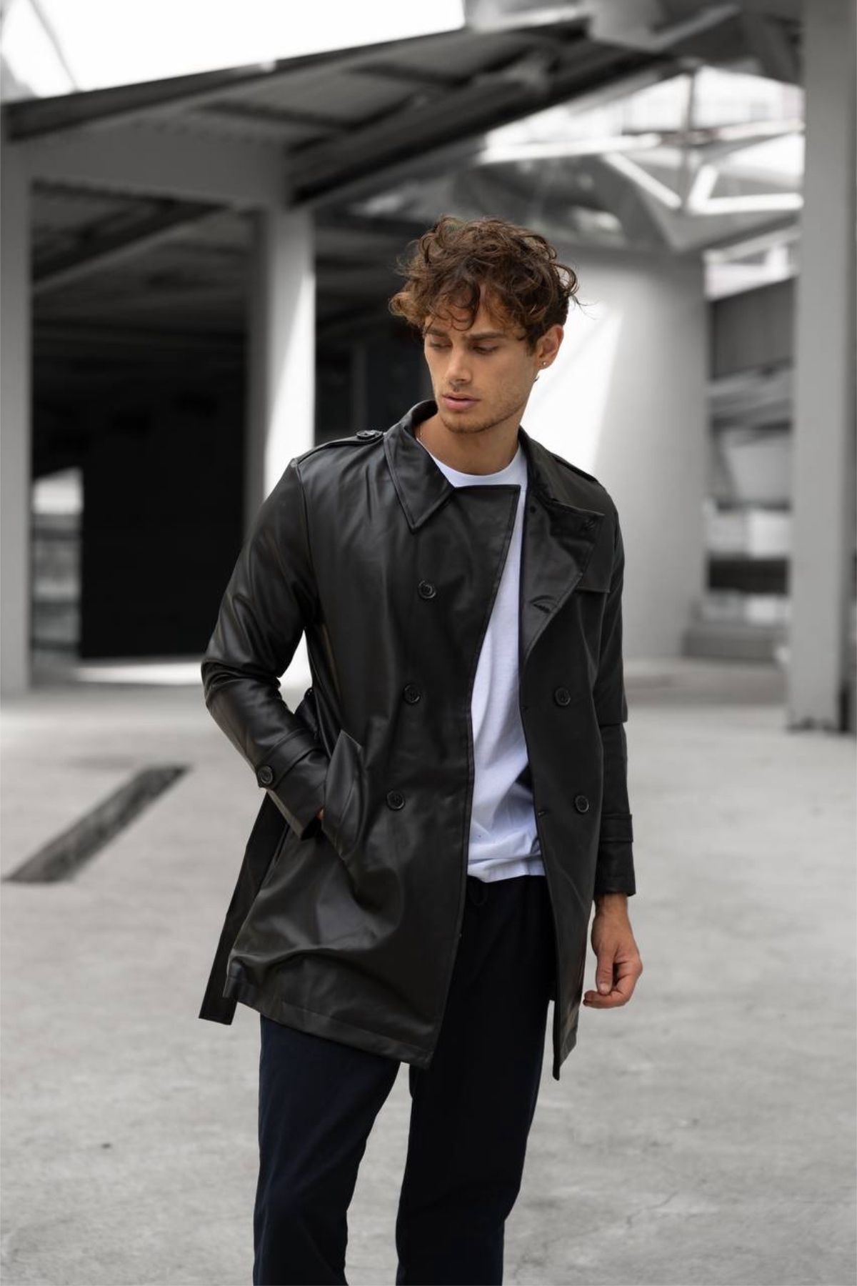 Mens slim fit black trench coat 2025