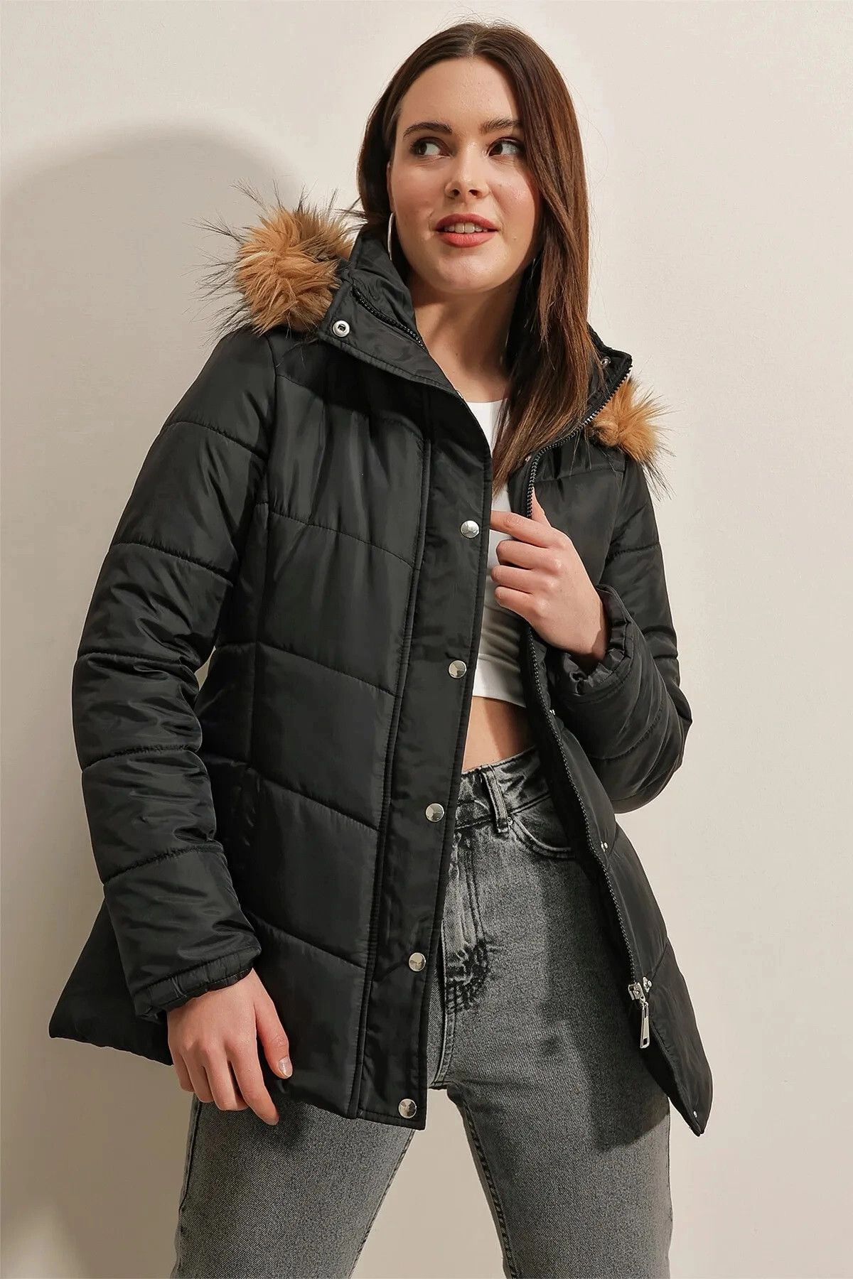 Black Quilted Mara Faux Fur Hooded Puffer Jacket