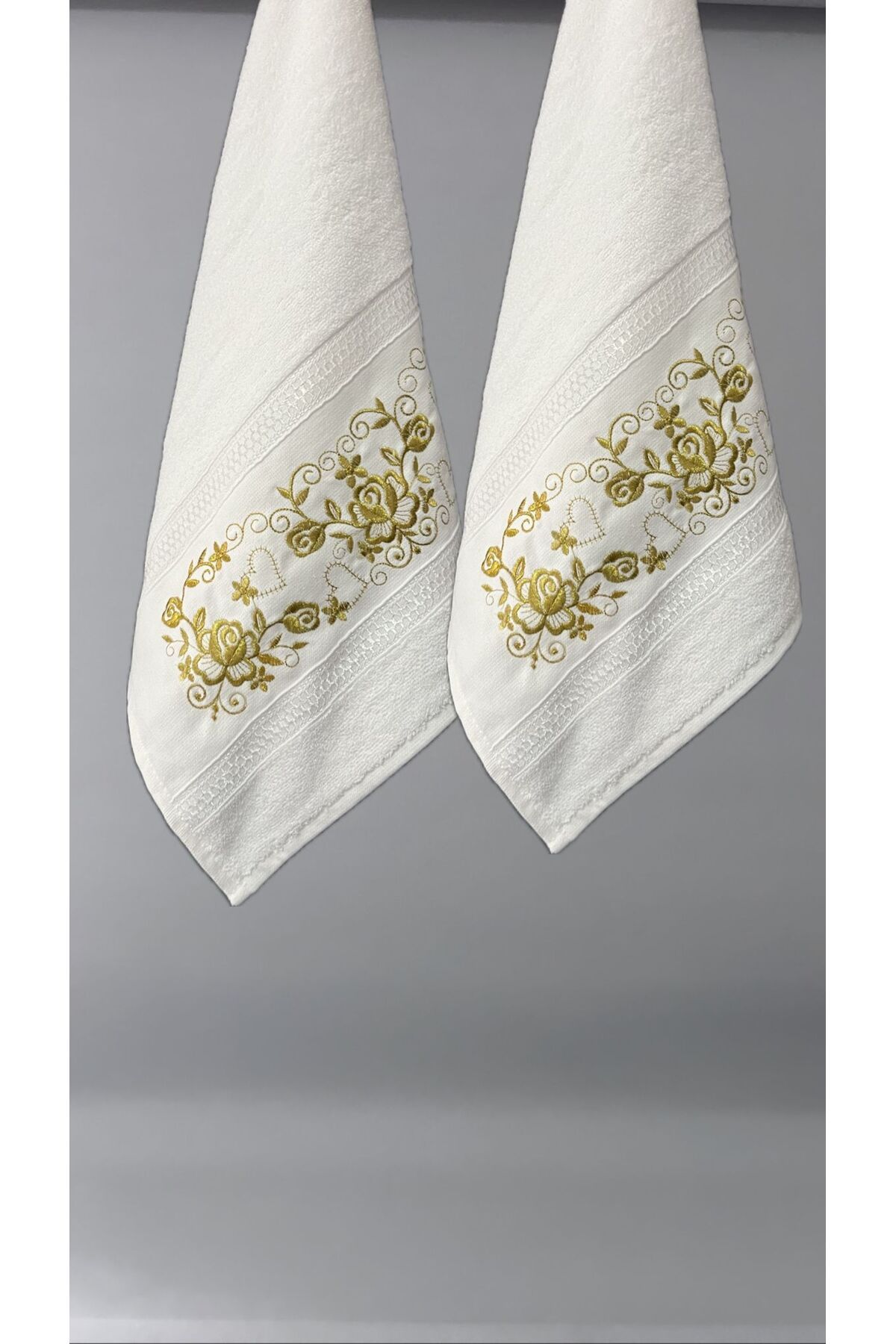 mihriban Set of 2 Cotton Dowry Hand and Face Towels with Yellow