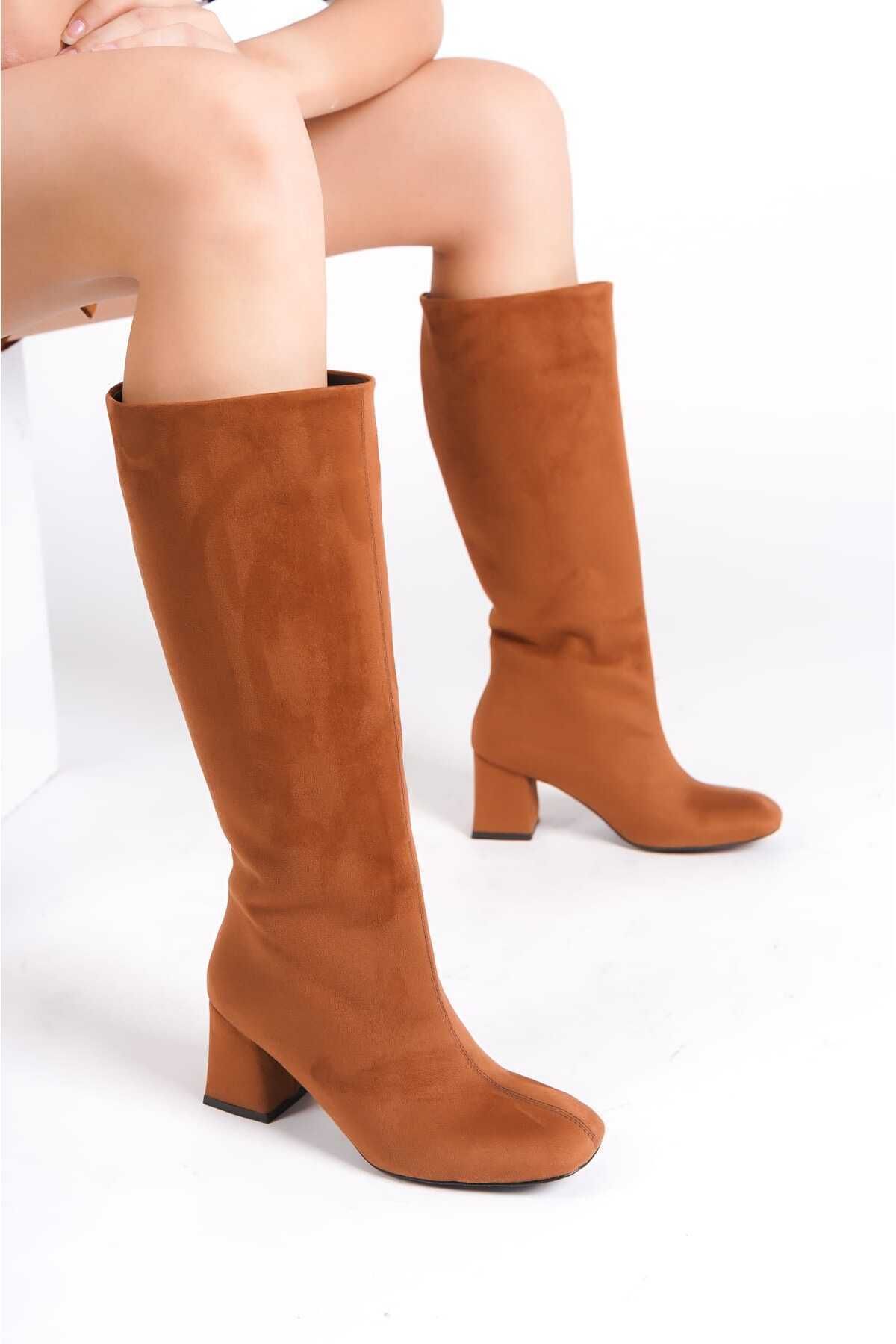 Tan calf top length heeled boots