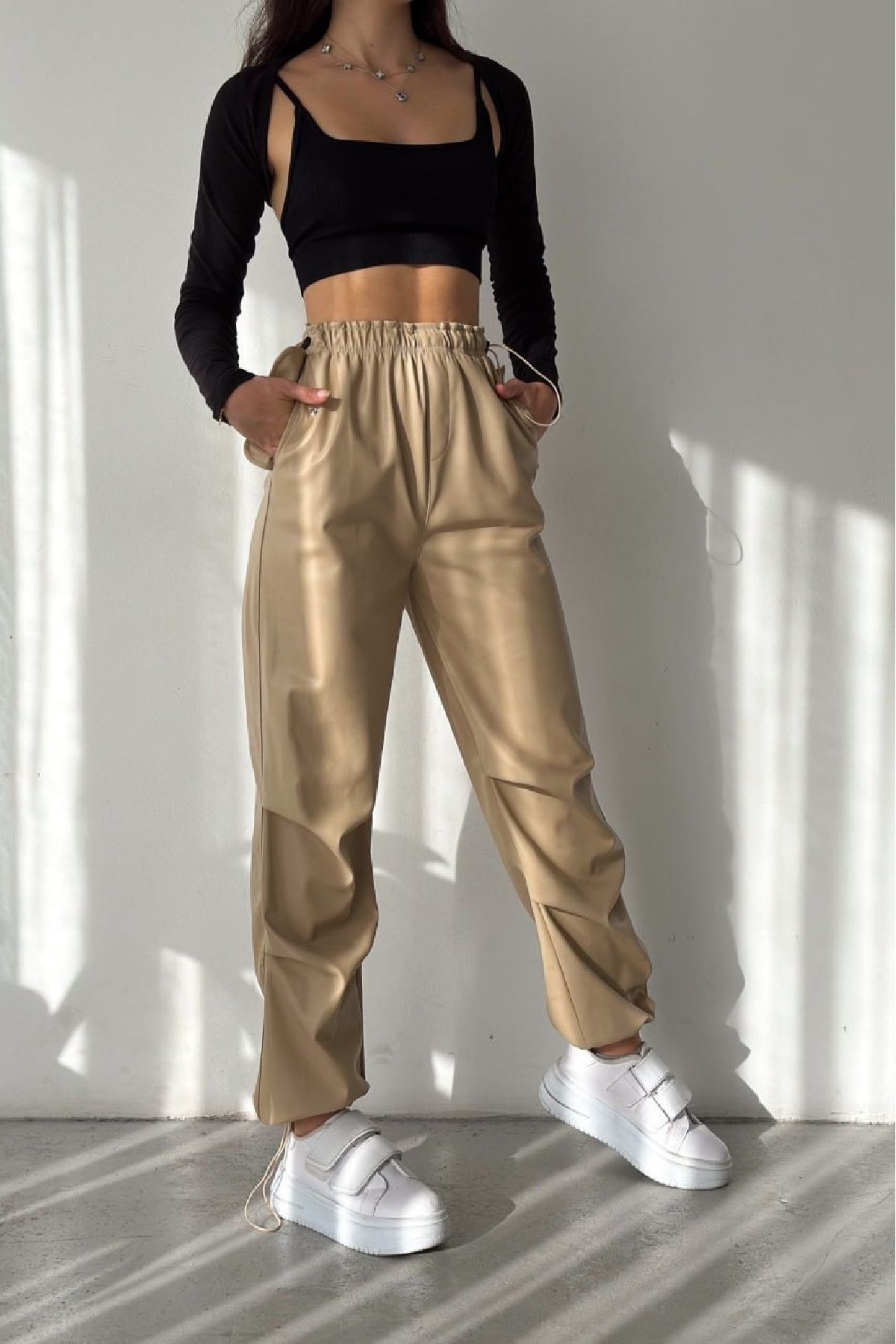 KaSheHa Beige Darted Zara Raised High Elastic Waist Stopper Leather Trousers  - Trendyol