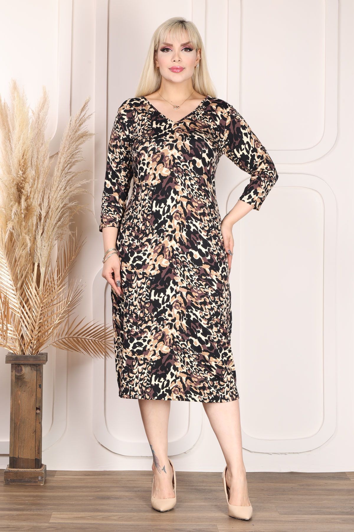 Mooi XXL Women s V Neck Brown Mink Tiger Pattern Plus Size