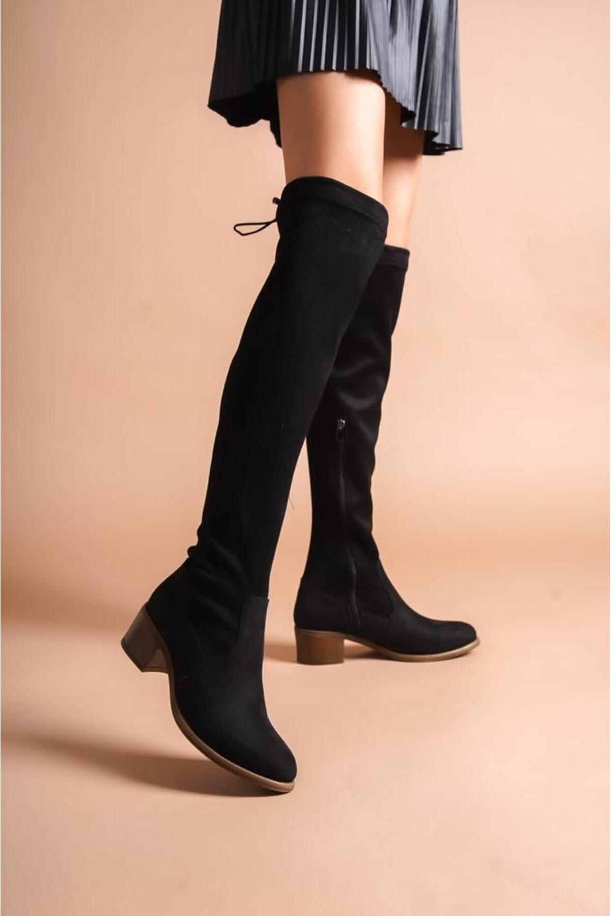 Black suede knee sales high boots no heel