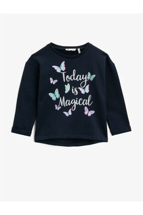Koton Kids Kız &Ccedil;ocuk Lacivert Yazılı Baskılı Sweatshirt