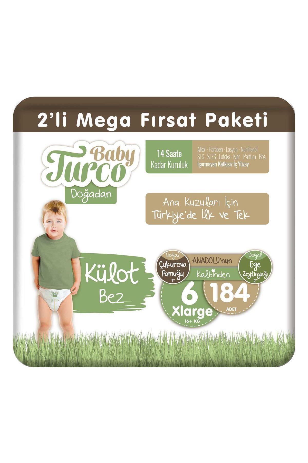 Baby Turco Doğadan 2'Li Mega Fırsat Paketi Külot Bez 6 Numara Xlarge 184 Adet