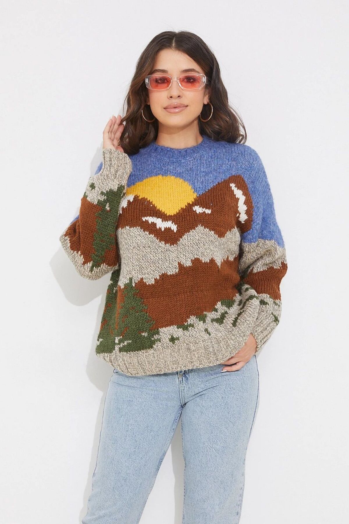 Laluvia Colorful Crew Neck Landscape Patterned Woolen Wide Sweater