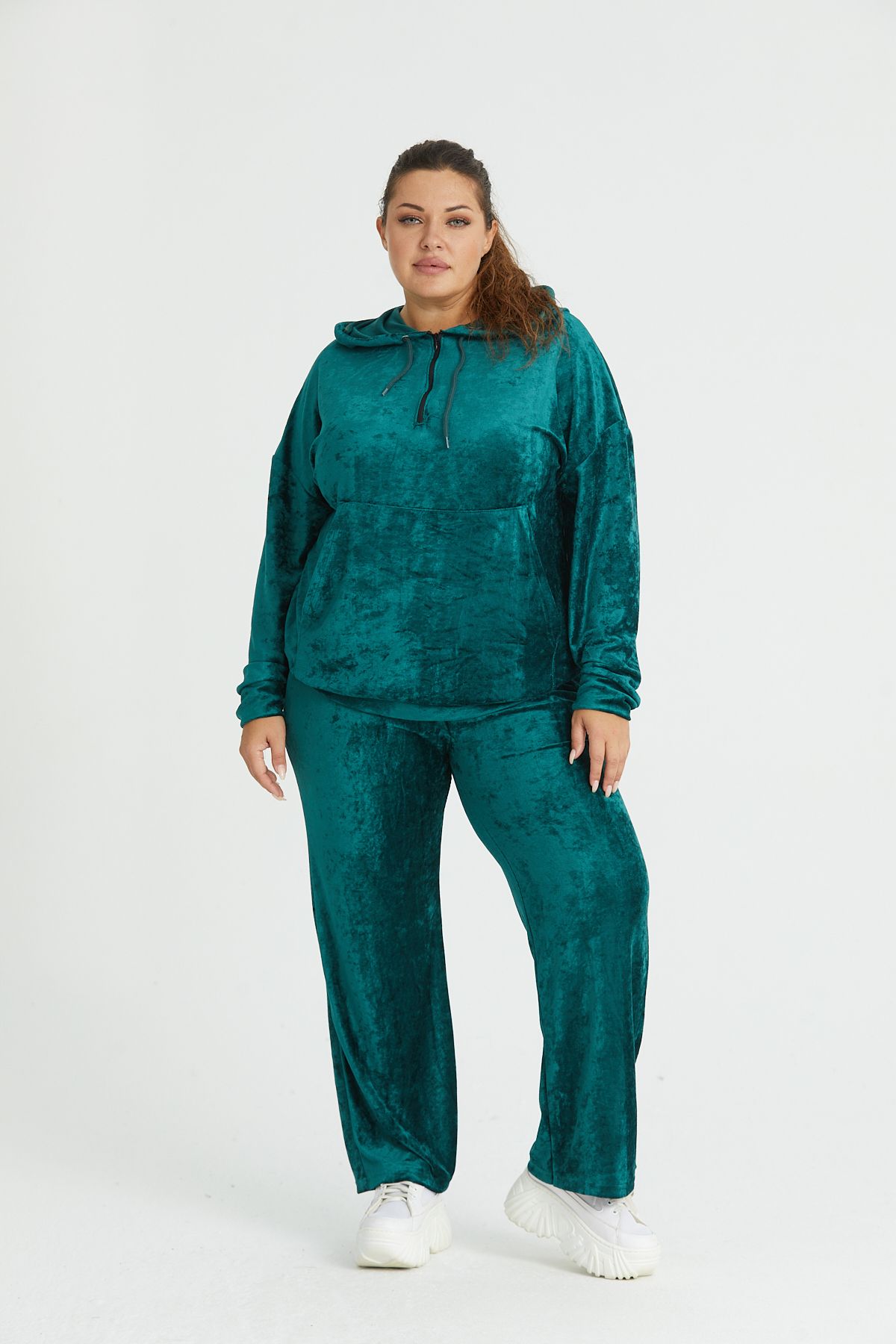 MJORA Green Velvet Kangaroo Pocket Hooded Plus Size Suit Trendyol