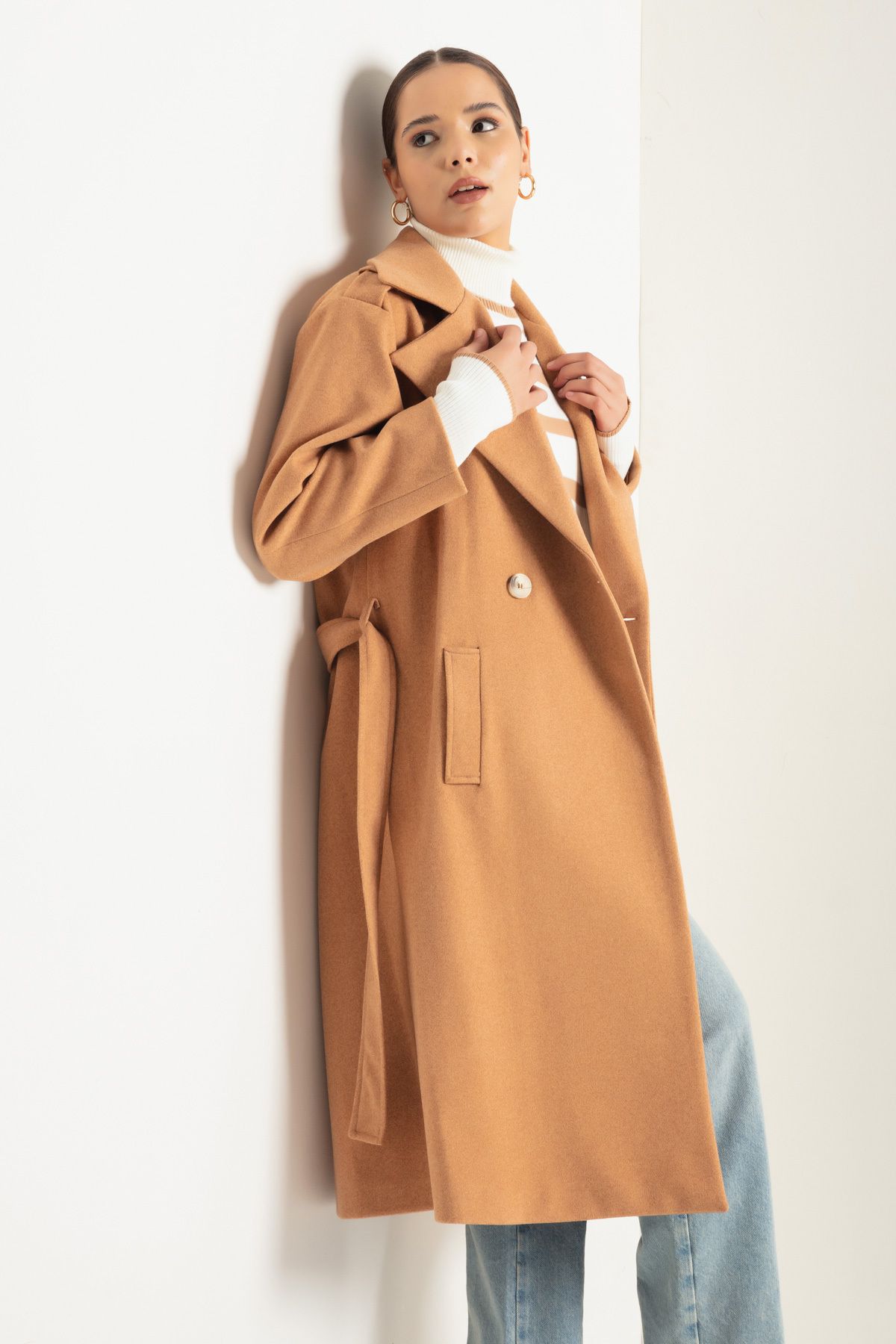 Lafaba Women s Tan Oversize Belted Long Cashmere Coat Trendyol