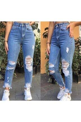 Kaftan Giyim Kadın Mavi Mom Jeans Y&uuml;ksek Bel Yırtık Kot Pantolon