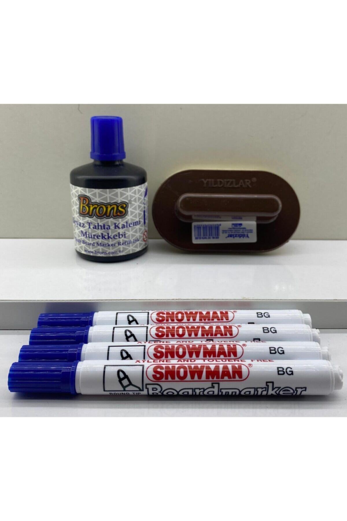Big Boss TB 4lü Snowman Mavi Tahta Kalemi + Brons Mavi Tahta Kalemi Mürekkebi+yıldızlar Tahta Silgisi