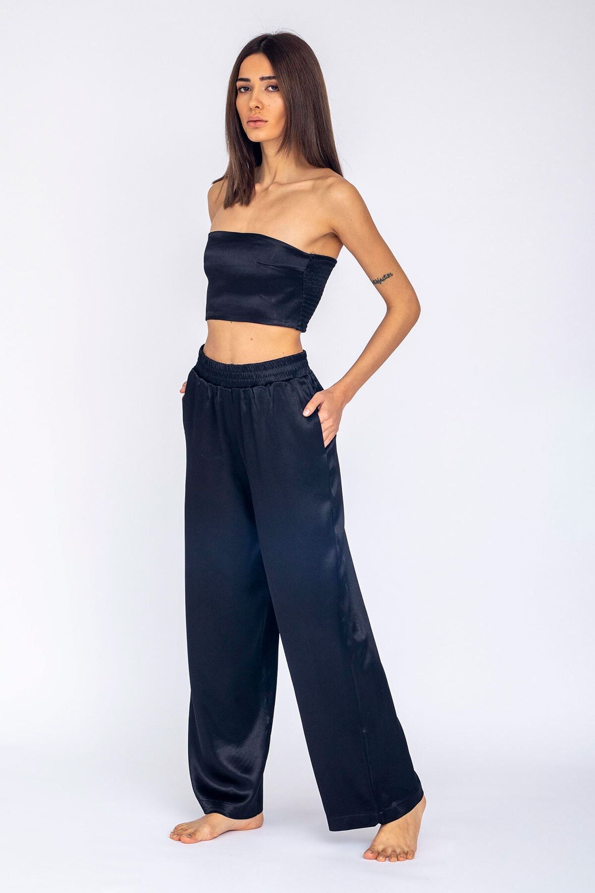 Demoostyle Kadın Siyah Saten 3'lü Kimono Takım