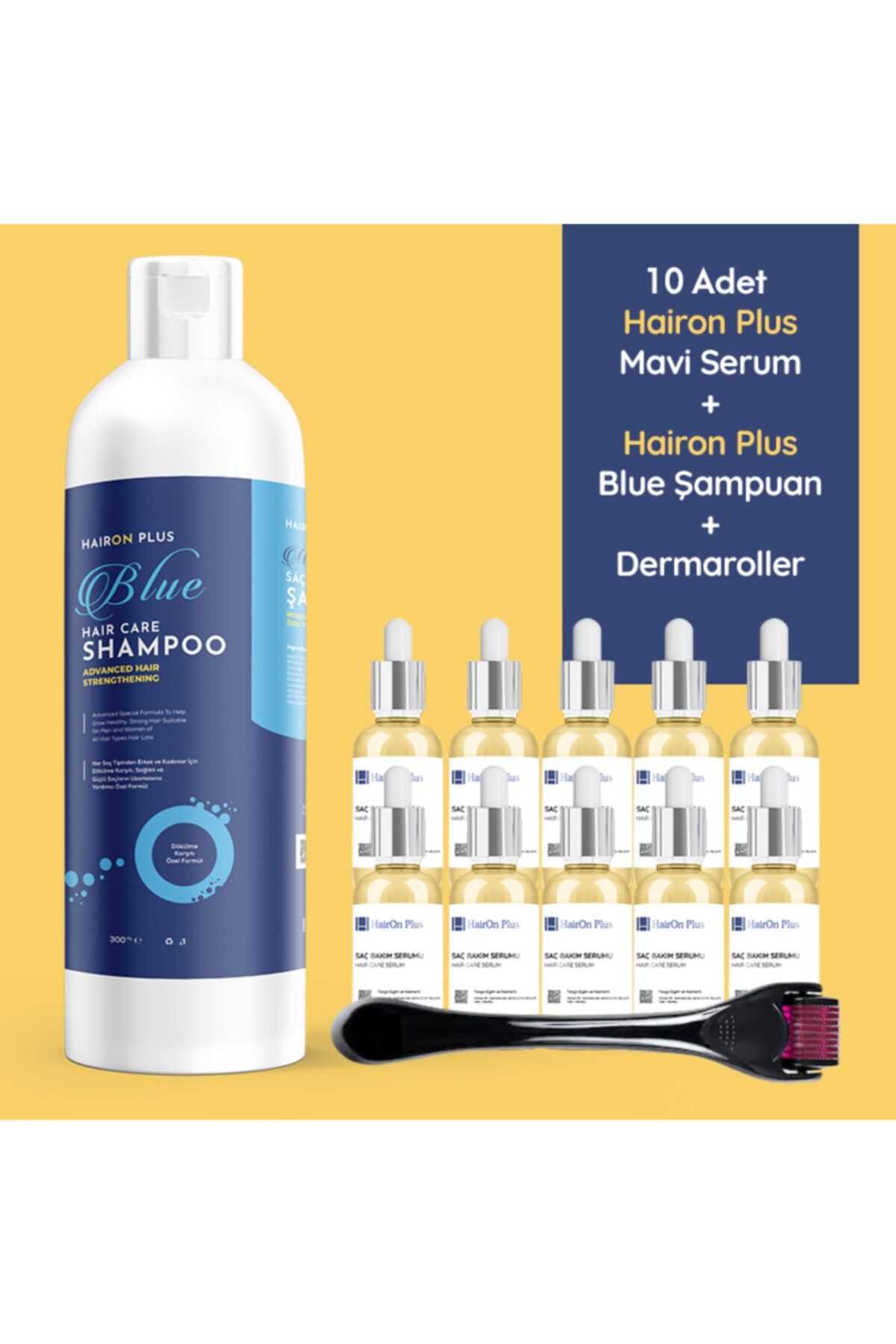 Hairon plus 10 Sarı Serum 10x50 Ml Şampuan 300 Ml Dermaroller